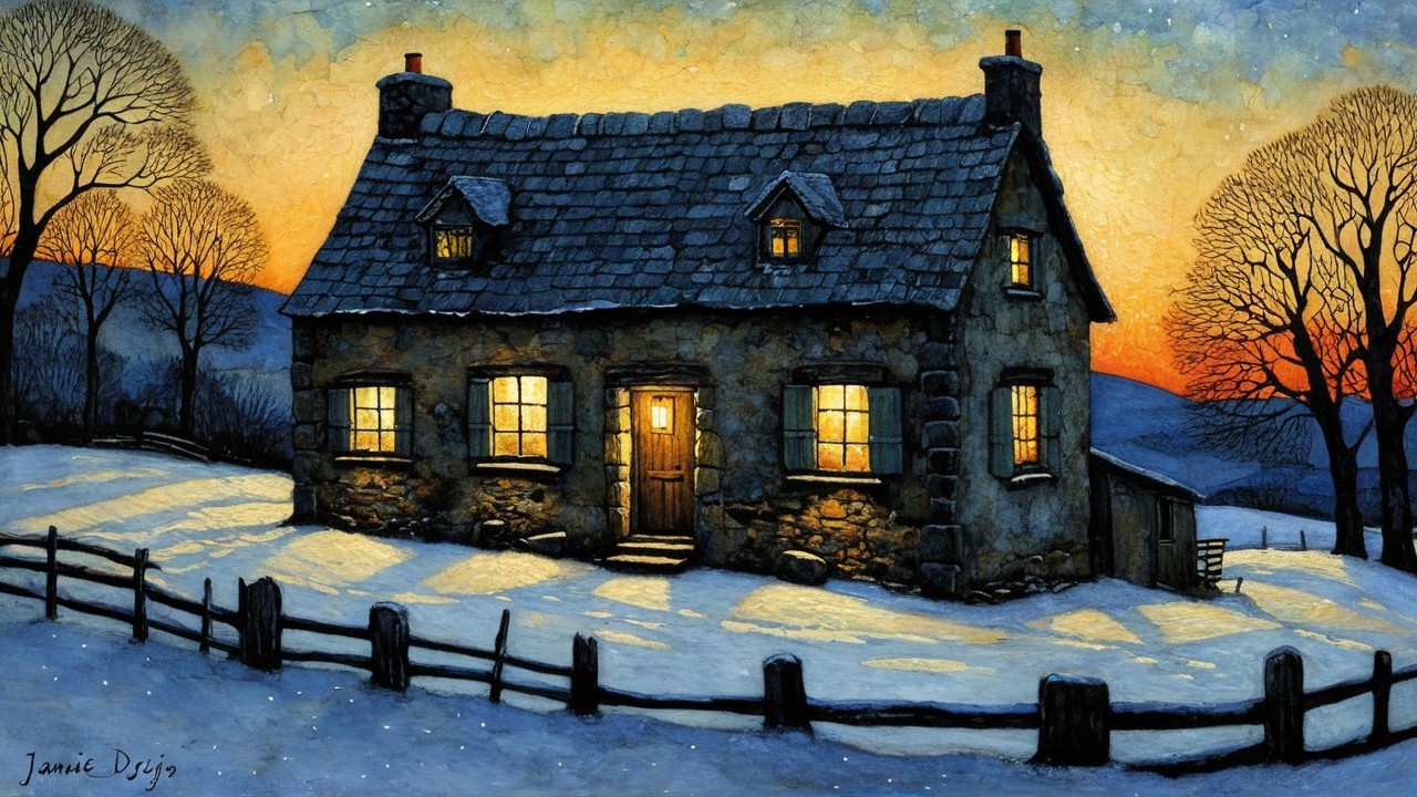 Cozy English Cottage in Snowy Sunset Landscape