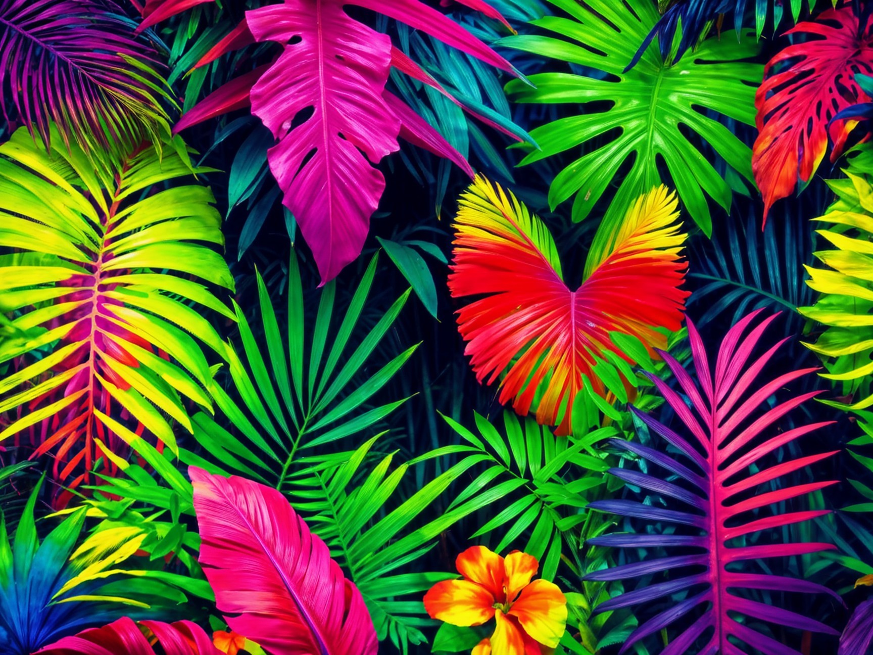 Vibrant Tropical Backdrop with Colorful Leaves and Flowers