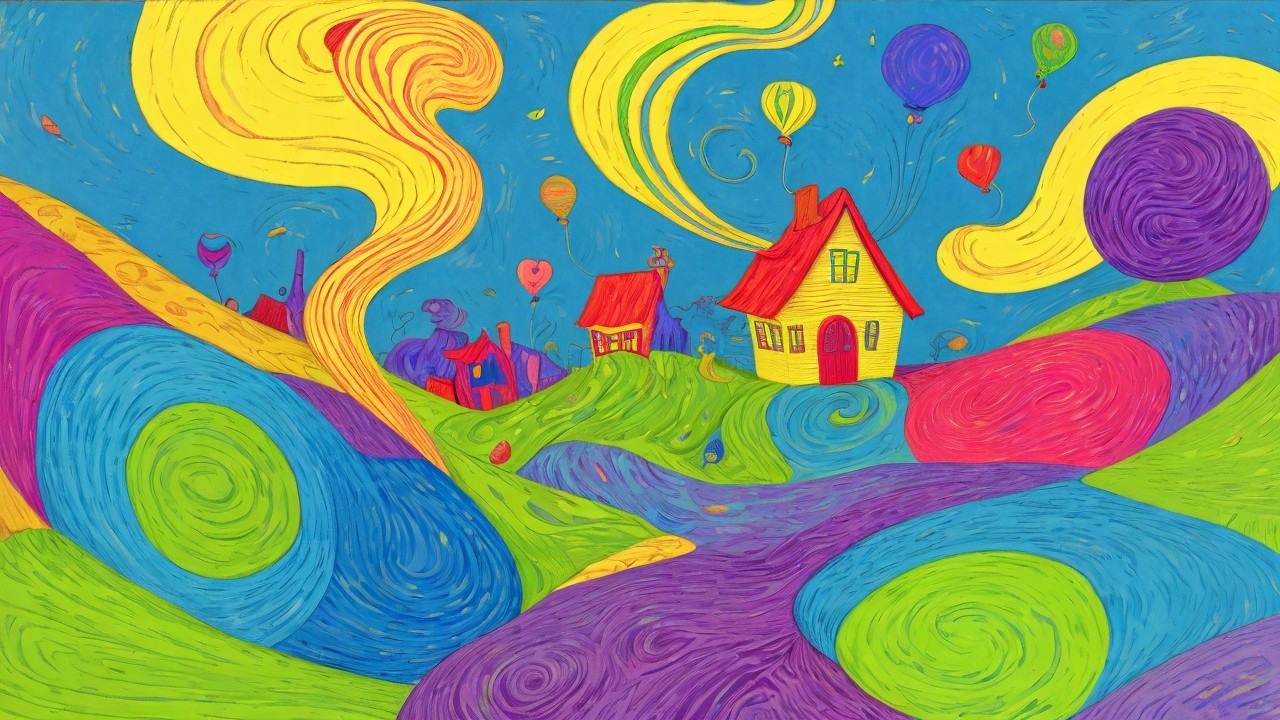 Vibrant Whimsical Landscape with Colorful Elements