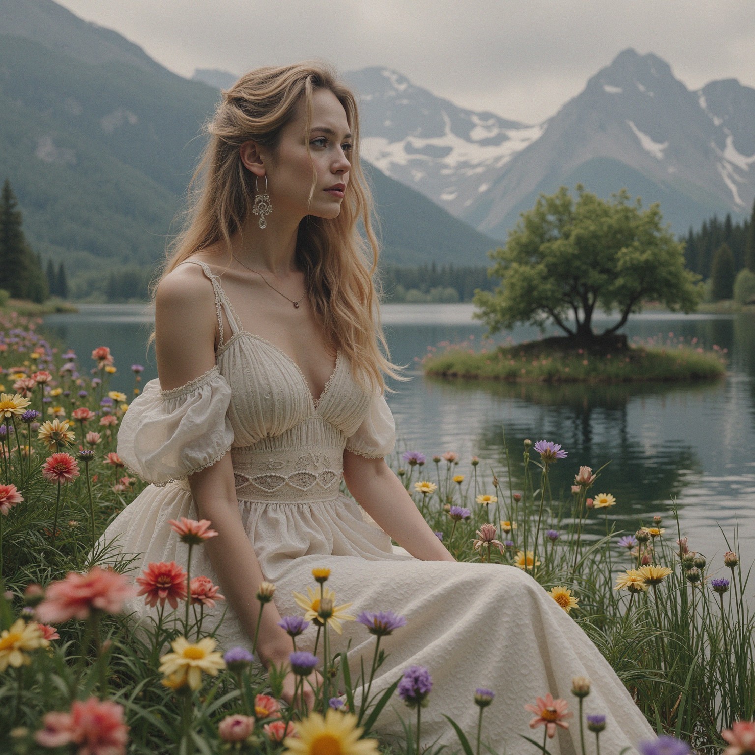 Young Woman in Cream Dress in Flower Meadow Scene