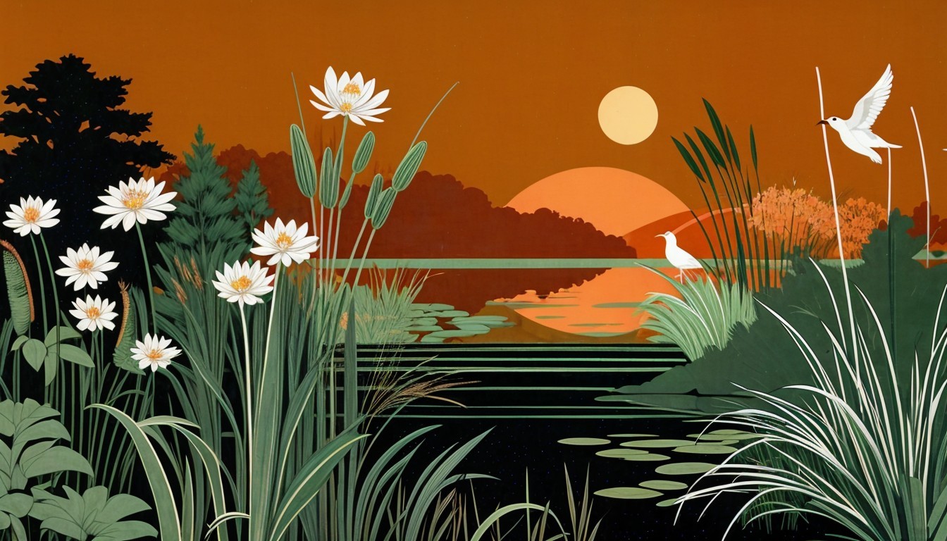 Tranquil Water Scene with Lush Reeds and Lilies