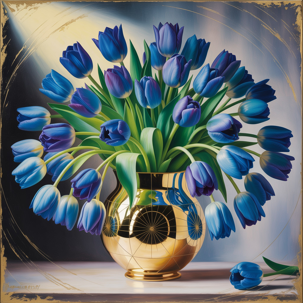 Blue Tulips in Gold Vase with Soft Background Light