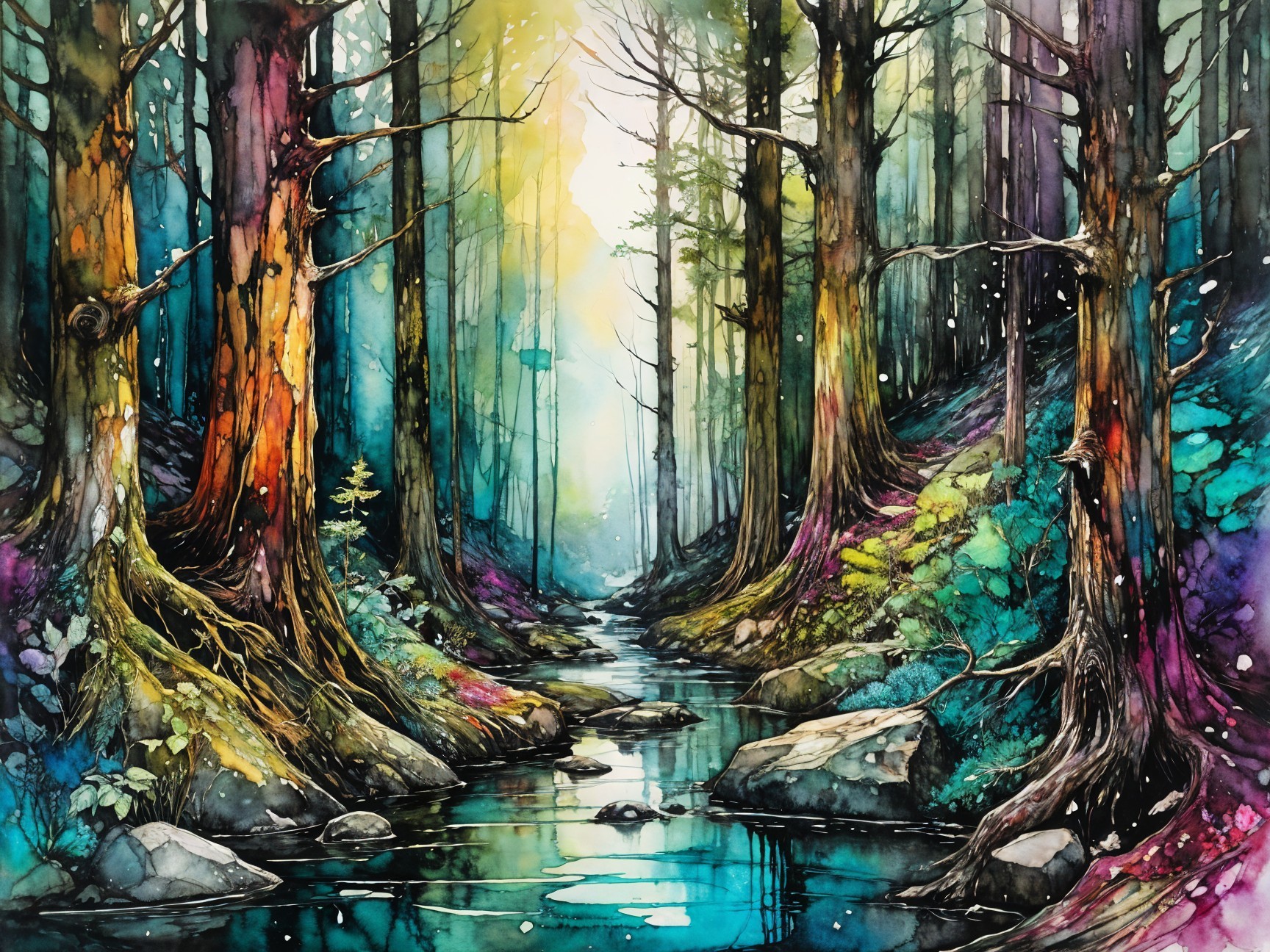 Vibrant Forest with Colorful Trees and Serene Stream