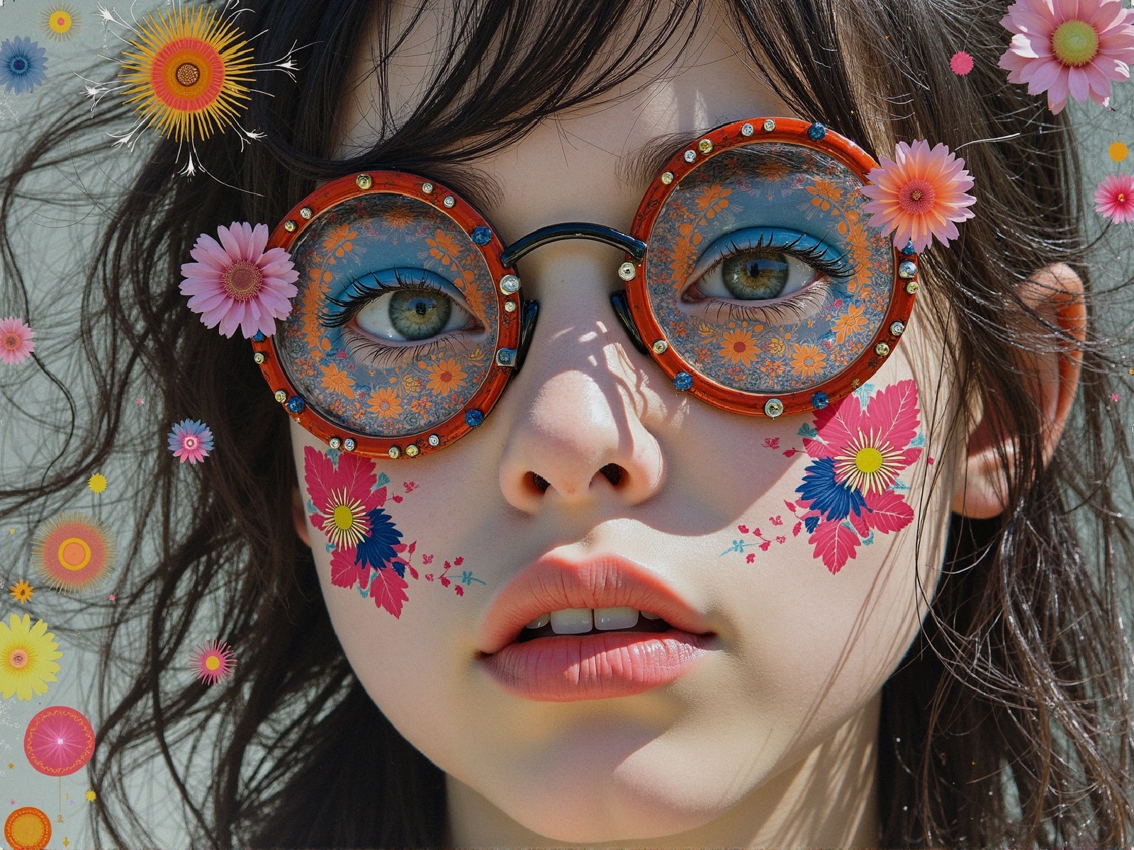 Close-Up Portrait of a Young Woman with Floral Makeup