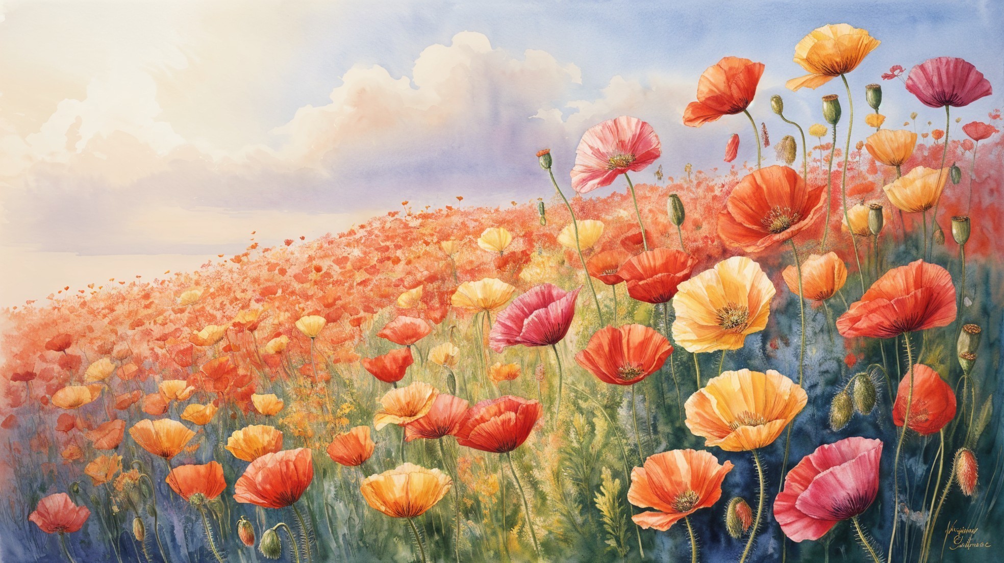 Vibrant Poppy Landscape with Soft Pastel Sky