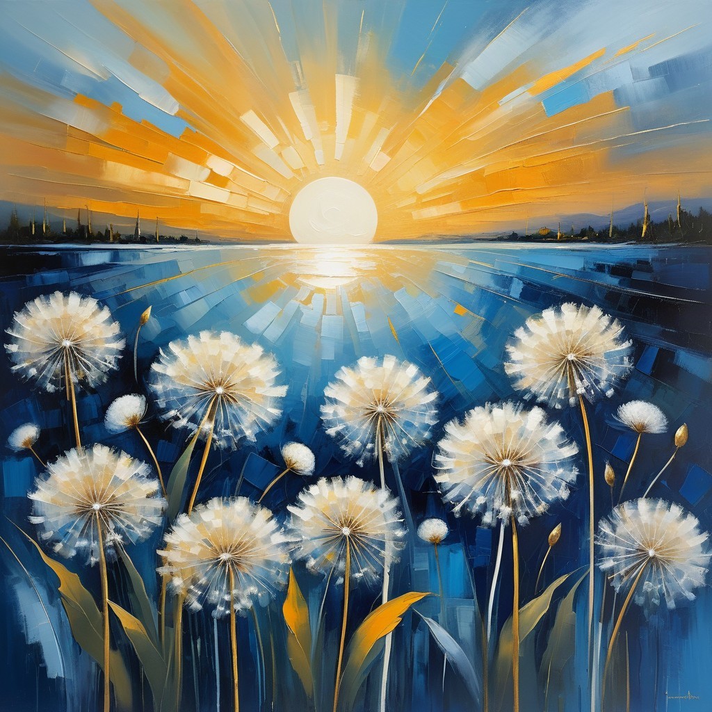 Vibrant Sunrise Over Dandelion-Filled Landscape