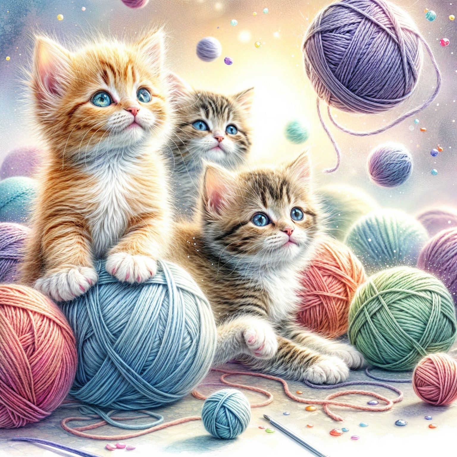 Kittens Playing Among Colorful Yarn Balls in Pastels