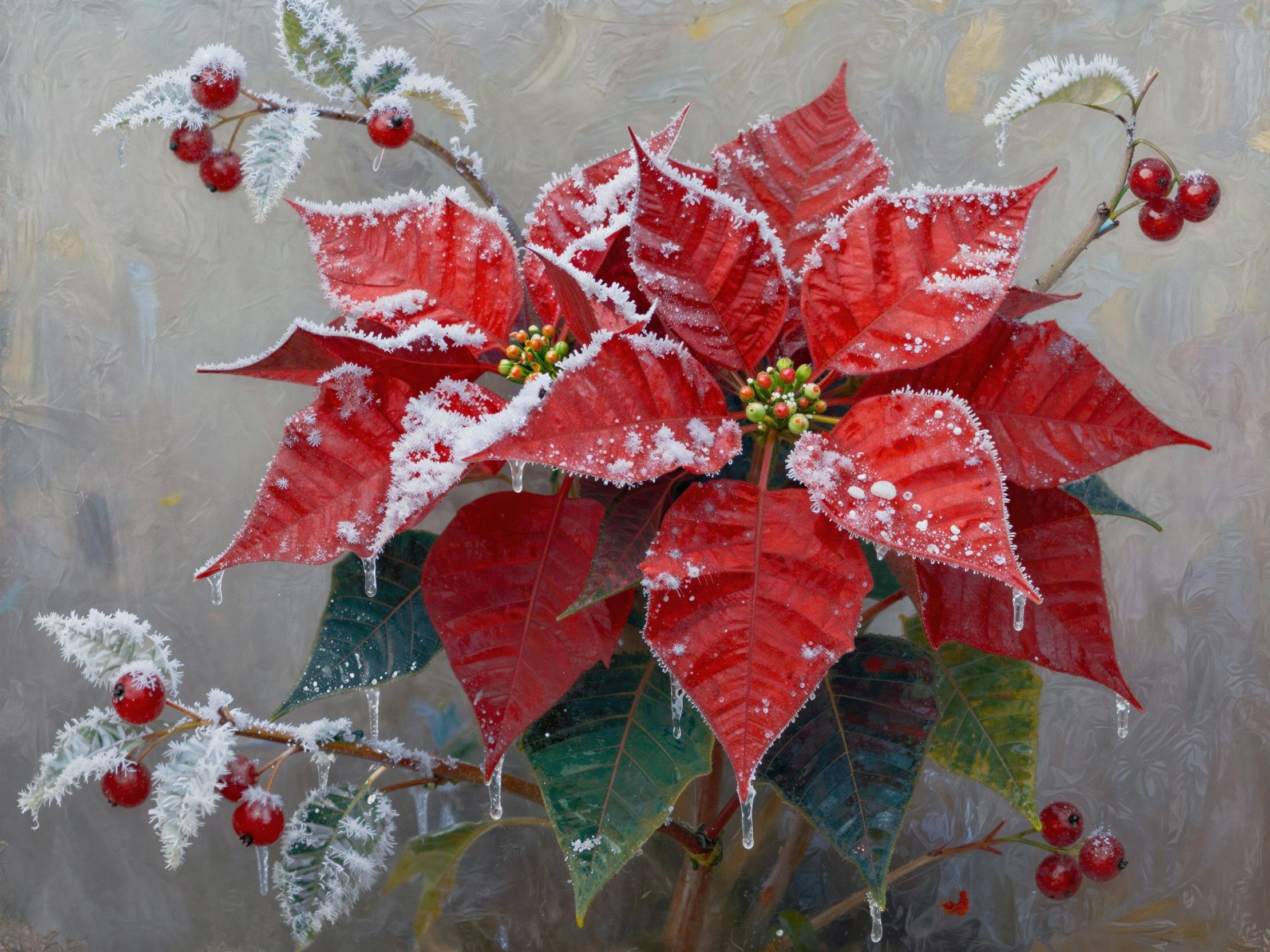 Close-Up of Frosted Red Poinsettia Oil Painting