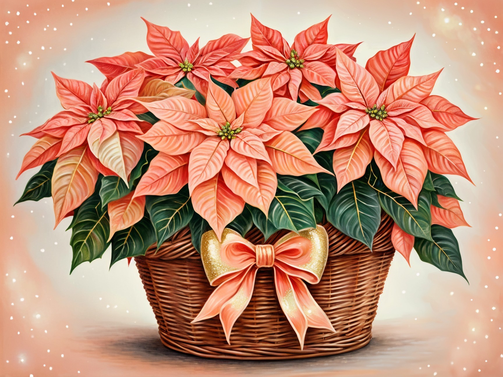 Vibrant Peach Poinsettias in Elegant Basket Display