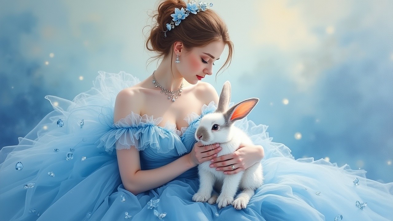 Young Woman in Blue Gown with White Rabbit and Clouds