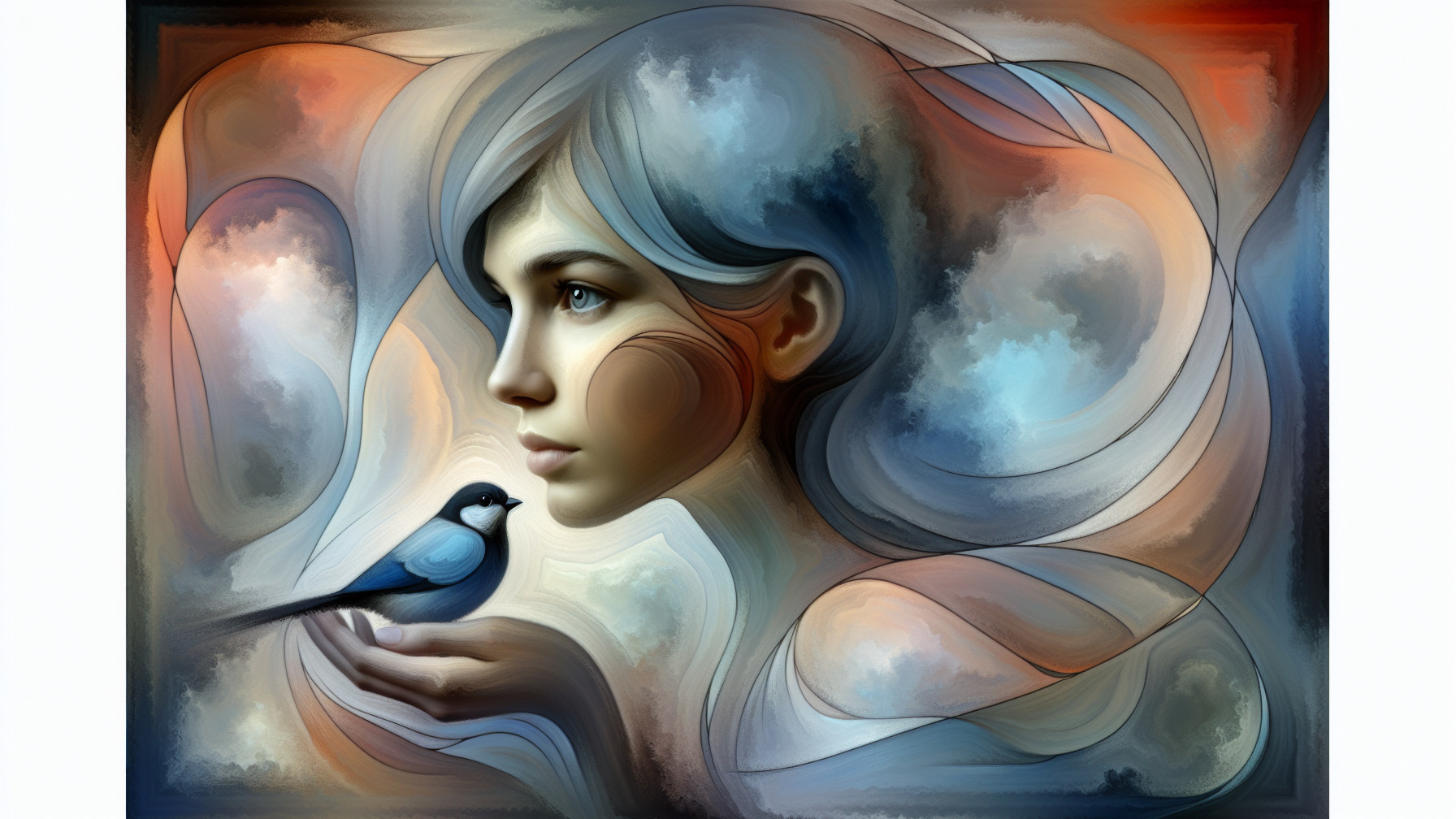 Ethereal Portrait of a Woman with Bluebird and Abstracts
