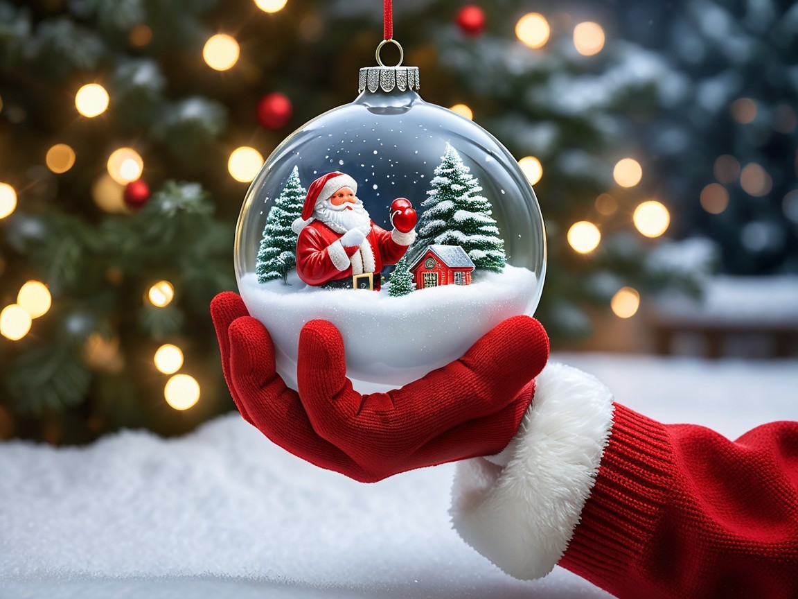 Festive Hand Holding Glass Ornament with Santa Scene