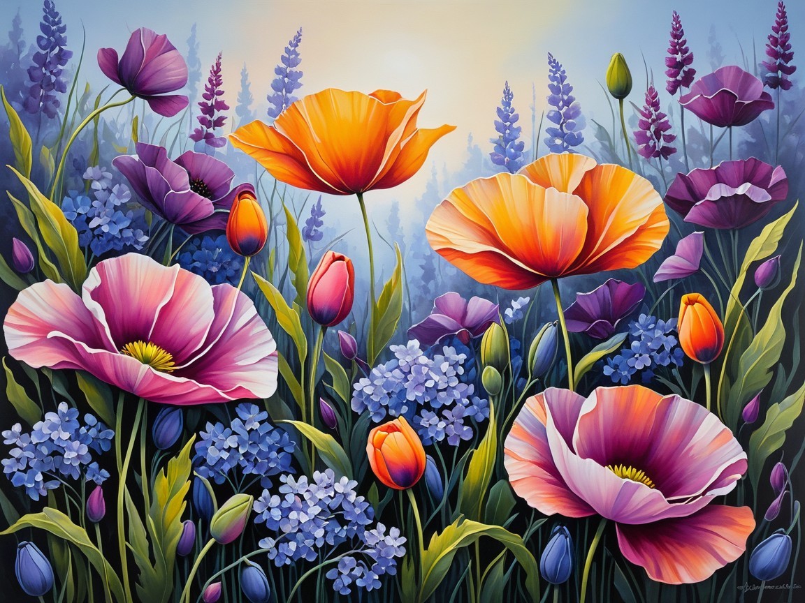 Vibrant Field of Colorful Flowers in Soft Sunlight