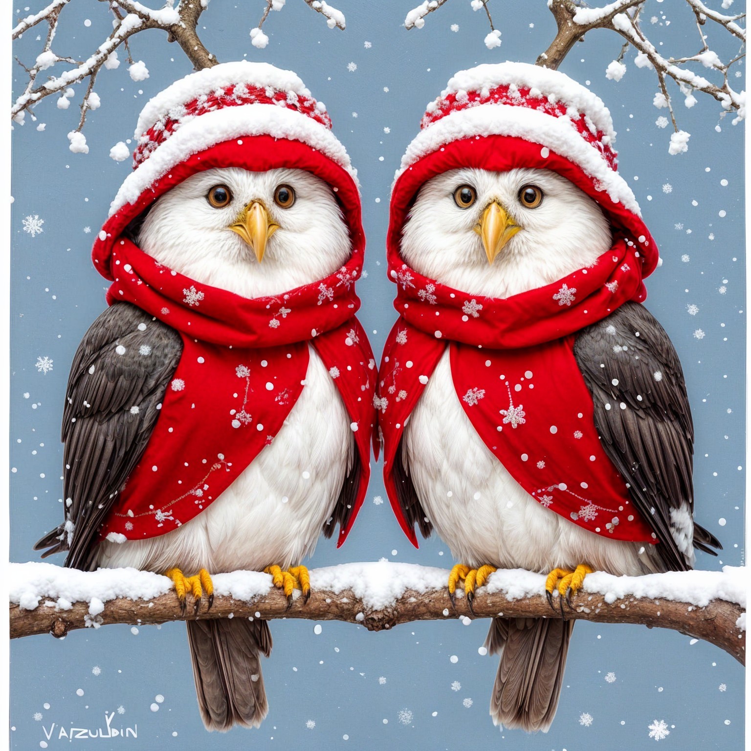 Cartoon Owls in Festive Winter Attire on Snowy Branch