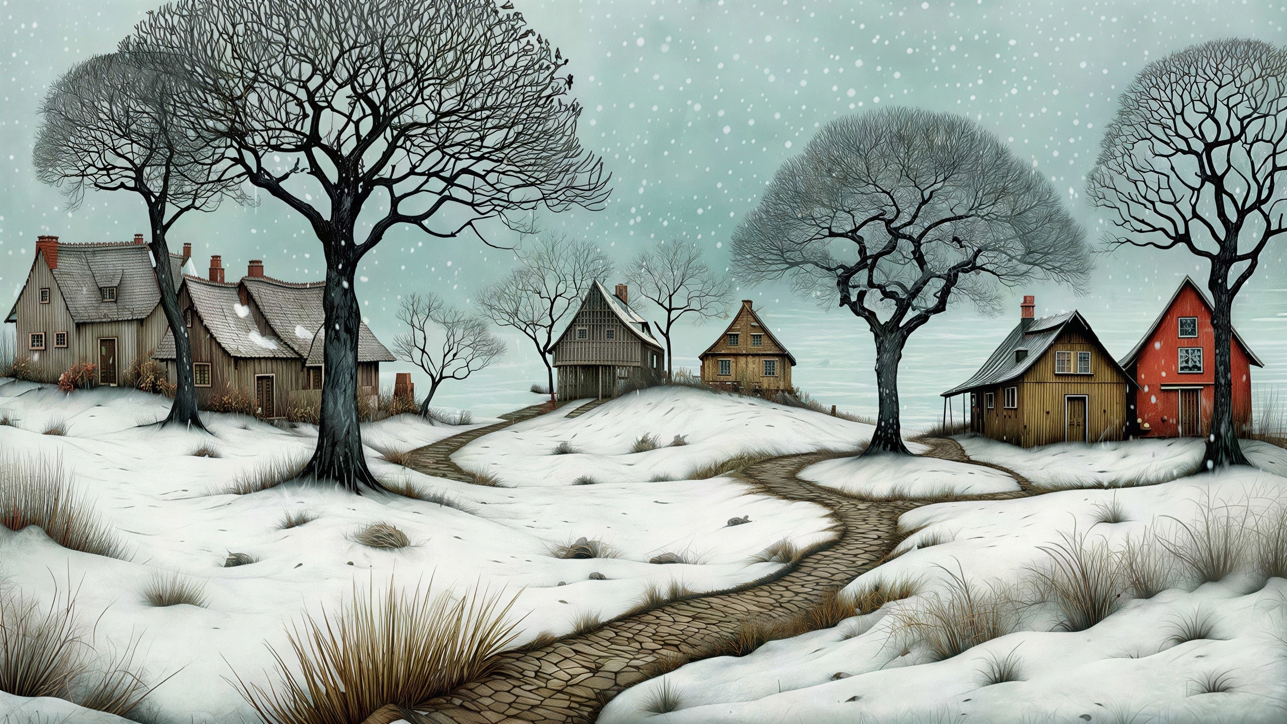 Snowy Village Scene with Colorful Houses and Trees