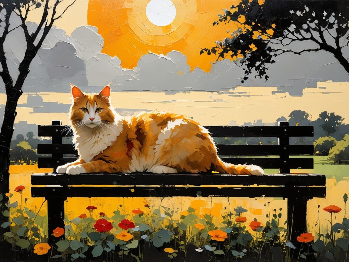 Serene Outdoor Scene with Cat and Vibrant Flowers