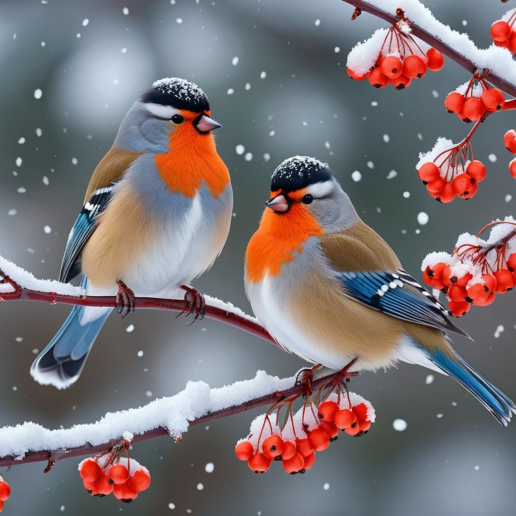 Vibrant Birds on Snow-Covered Branch in Winter Scene