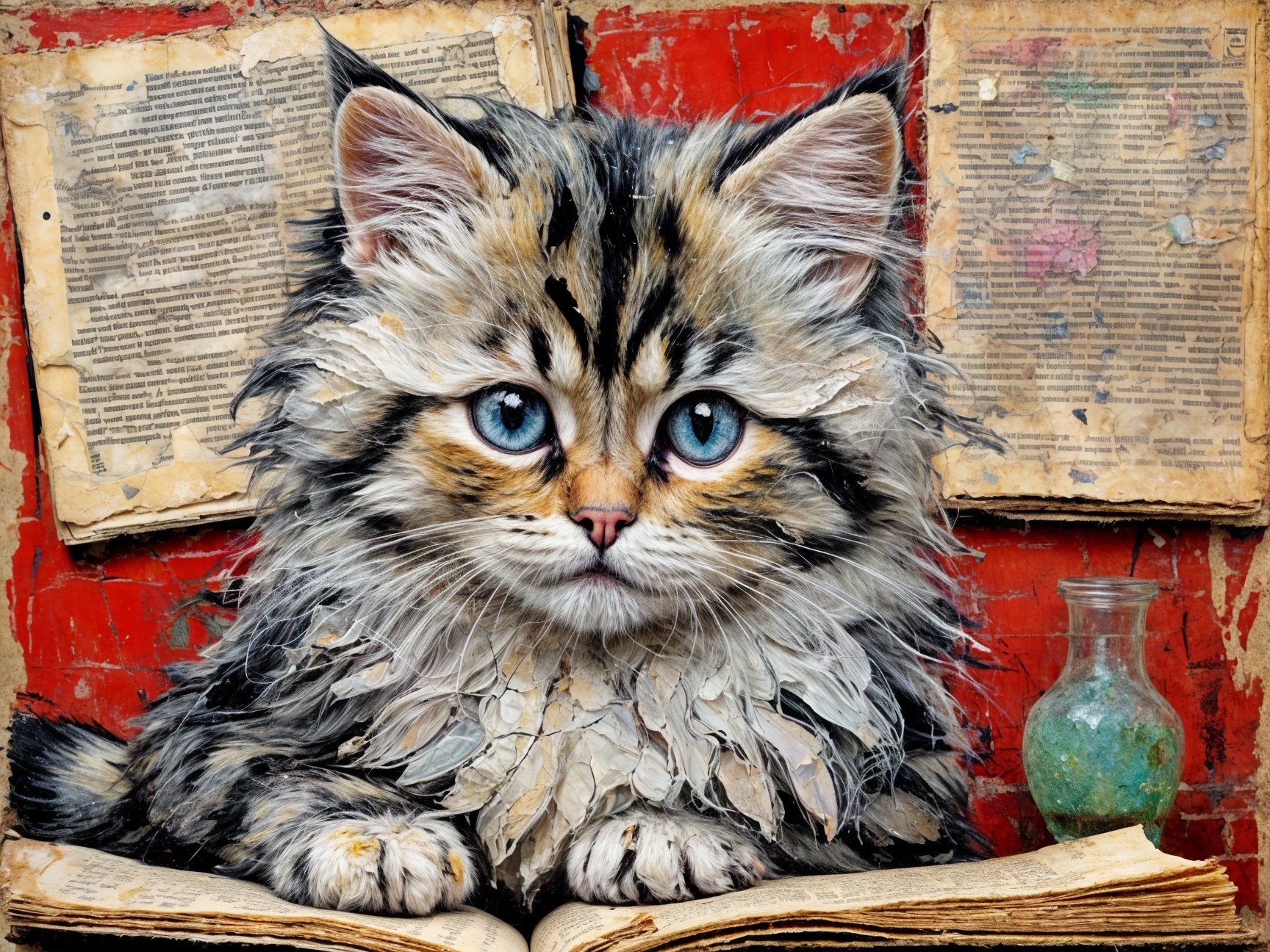 Whimsical Cat on Weathered Book with Colorful Vial