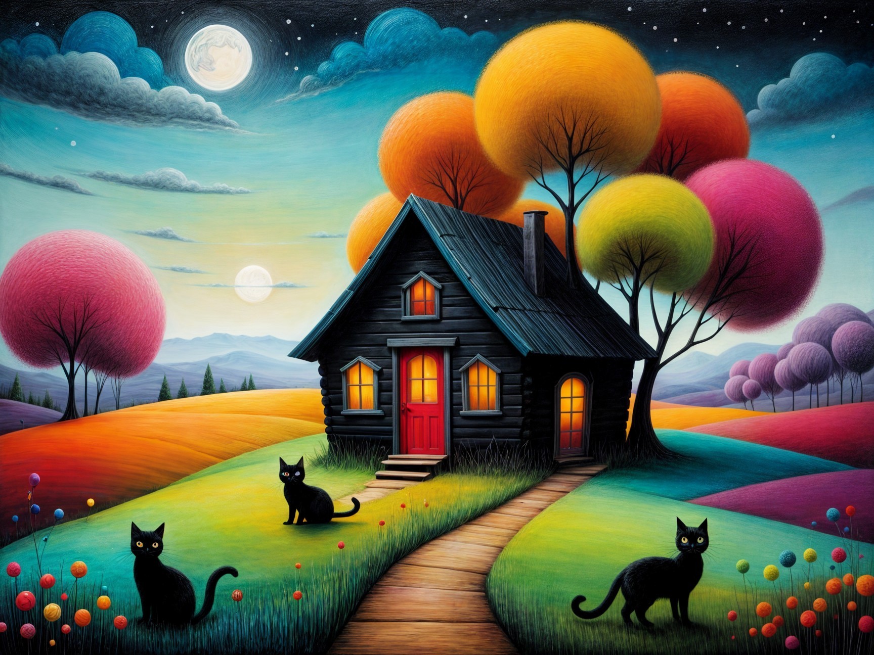 Whimsical Landscape with Cozy Cabin and Cats