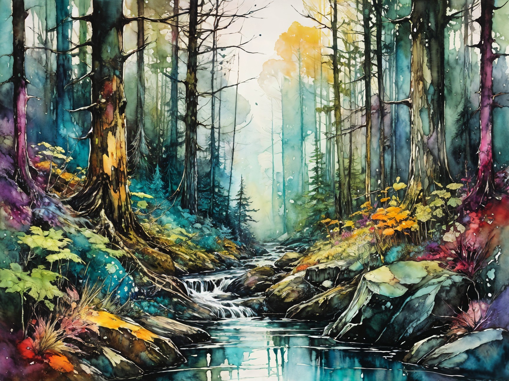 Vibrant Watercolor of a Serene Forest Landscape