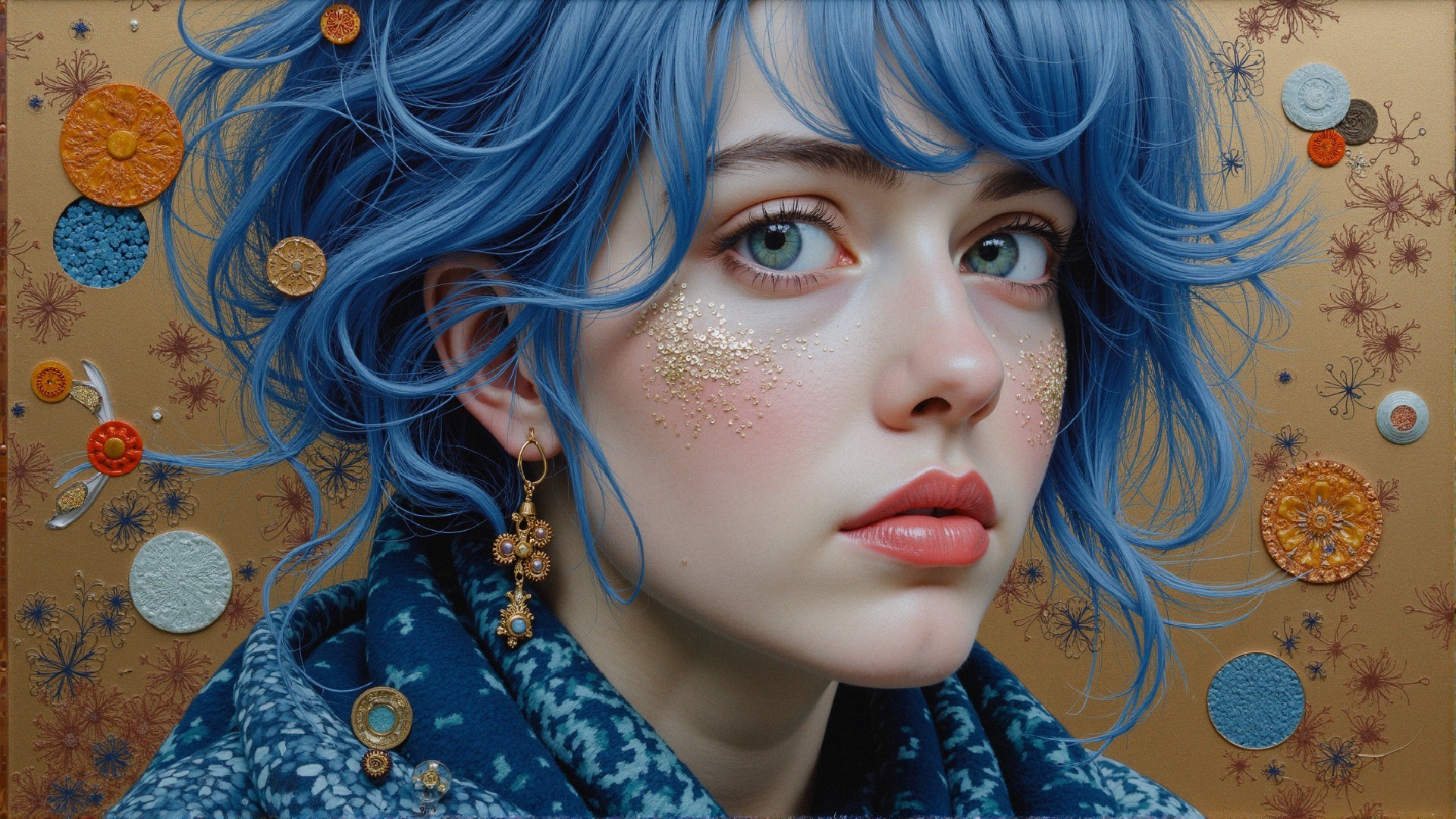 Portrait of a young woman with blue hair and sparkles