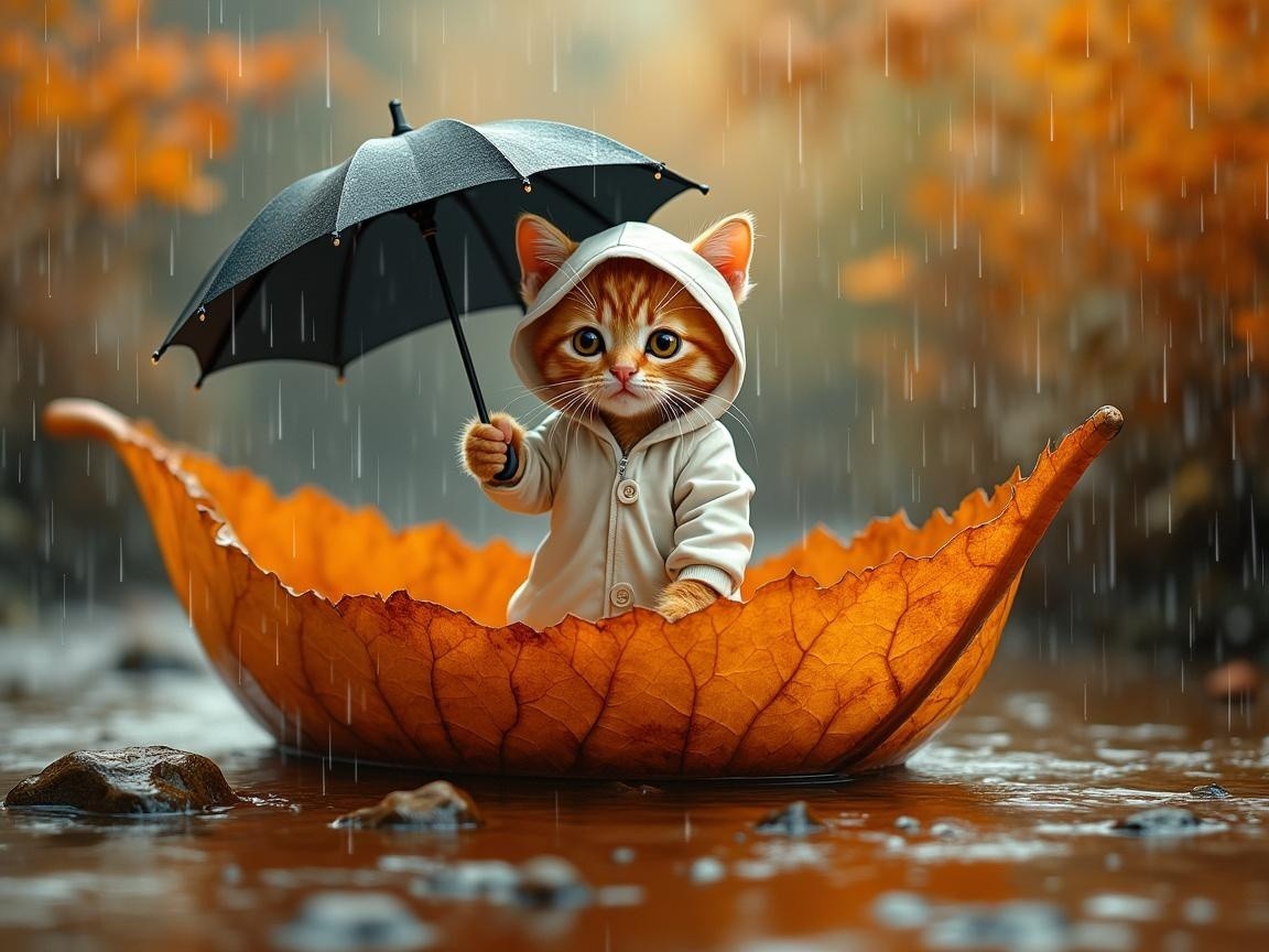 Kitten in Hooded Jacket in Leaf Boat with Umbrella