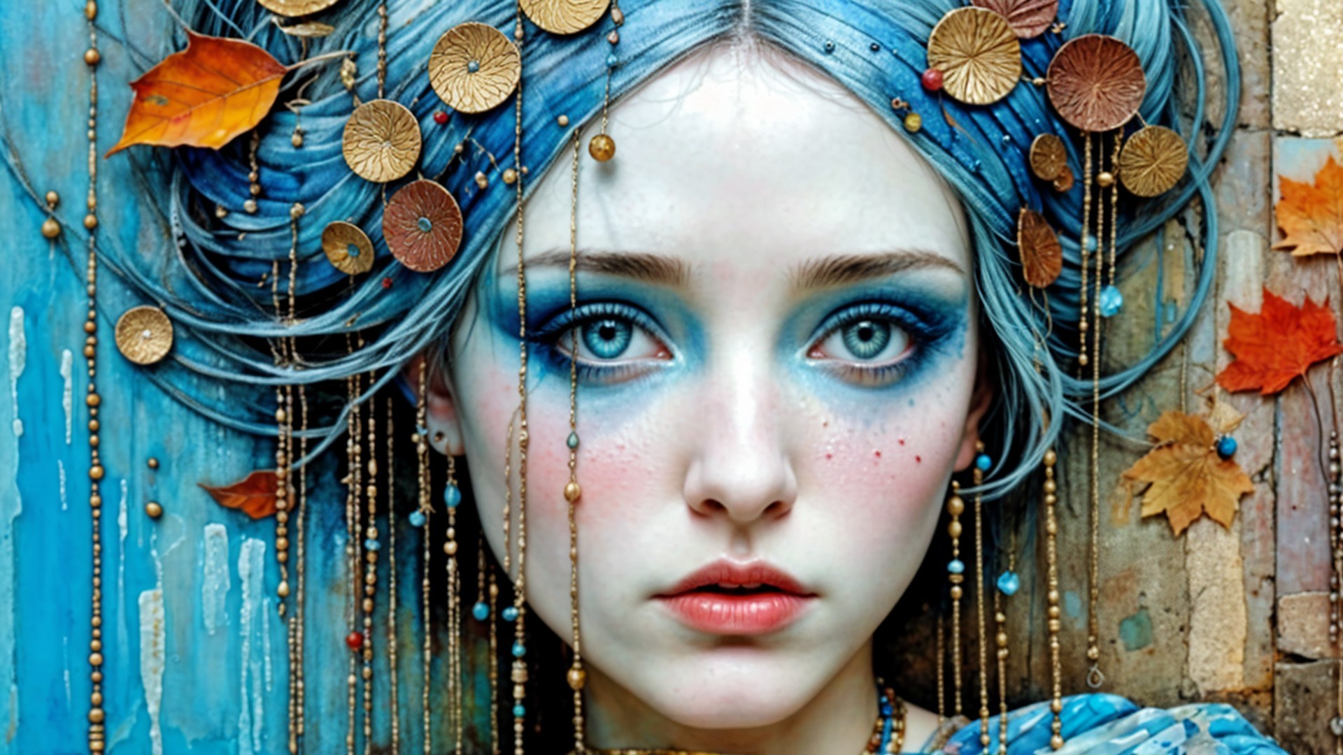 Portrait of a Young Woman with Blue Hair and Leaves