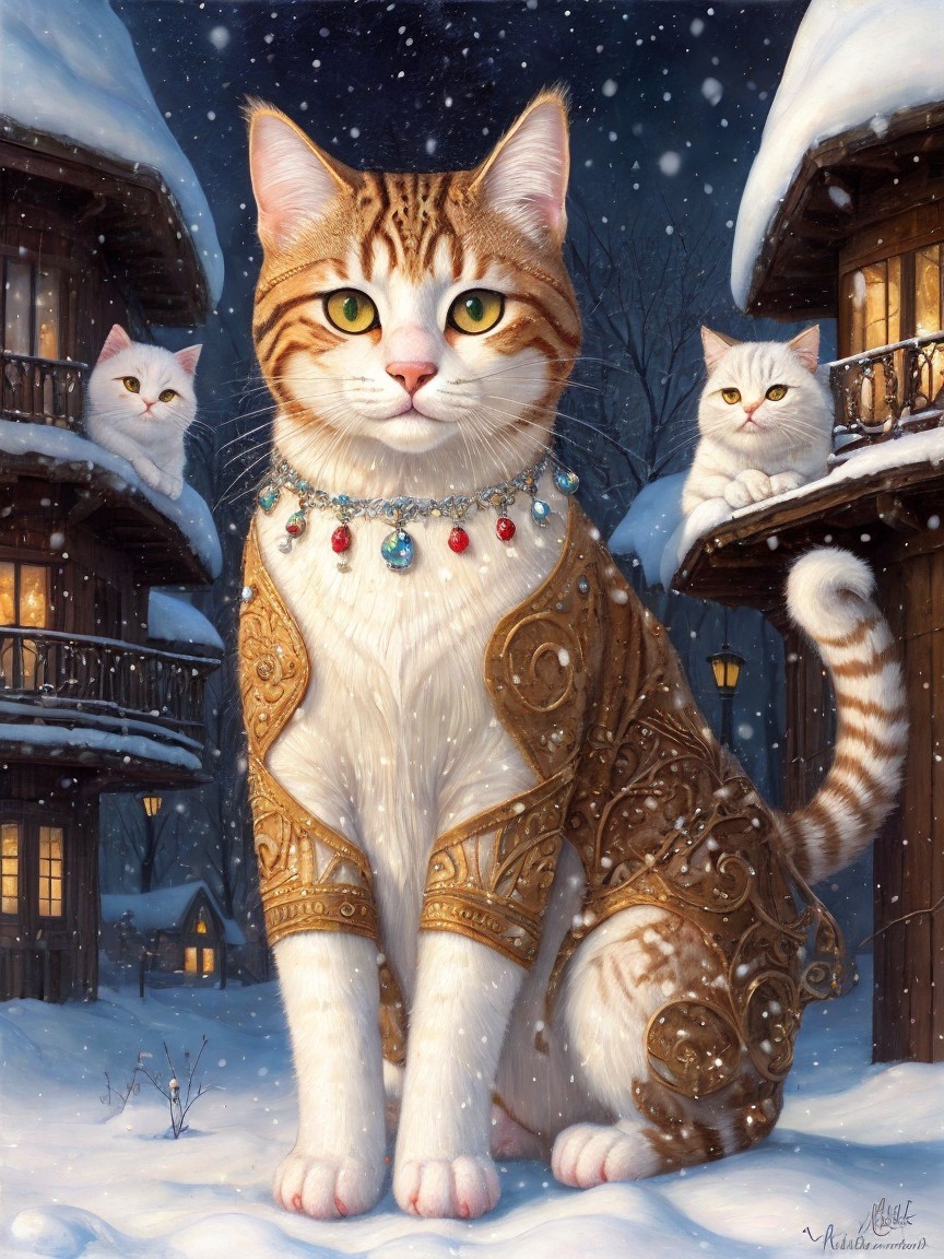 Regal tabby cat in winter scene with fluffy companions