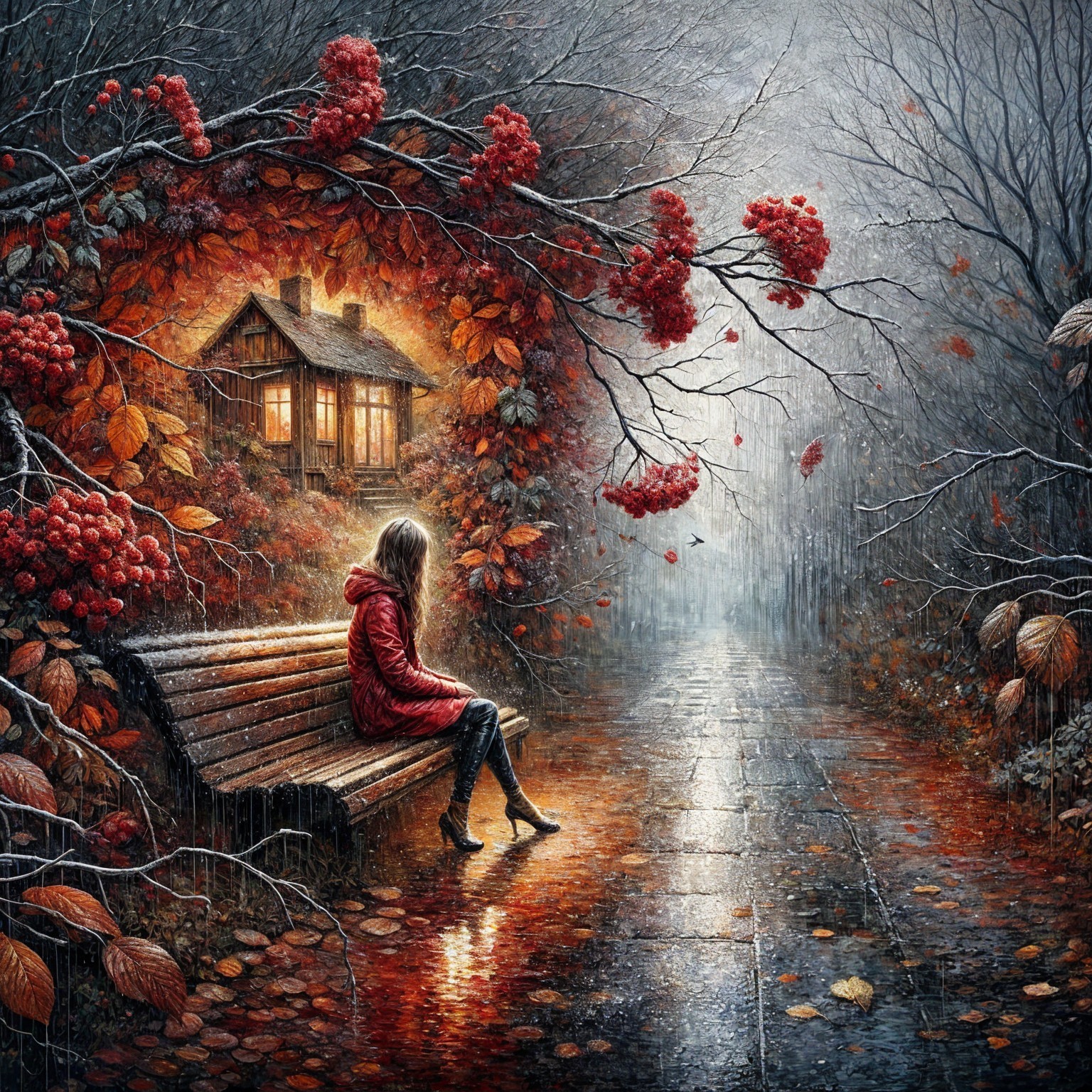 Autumn Scene with Girl in Red Coat and Cozy Cabin