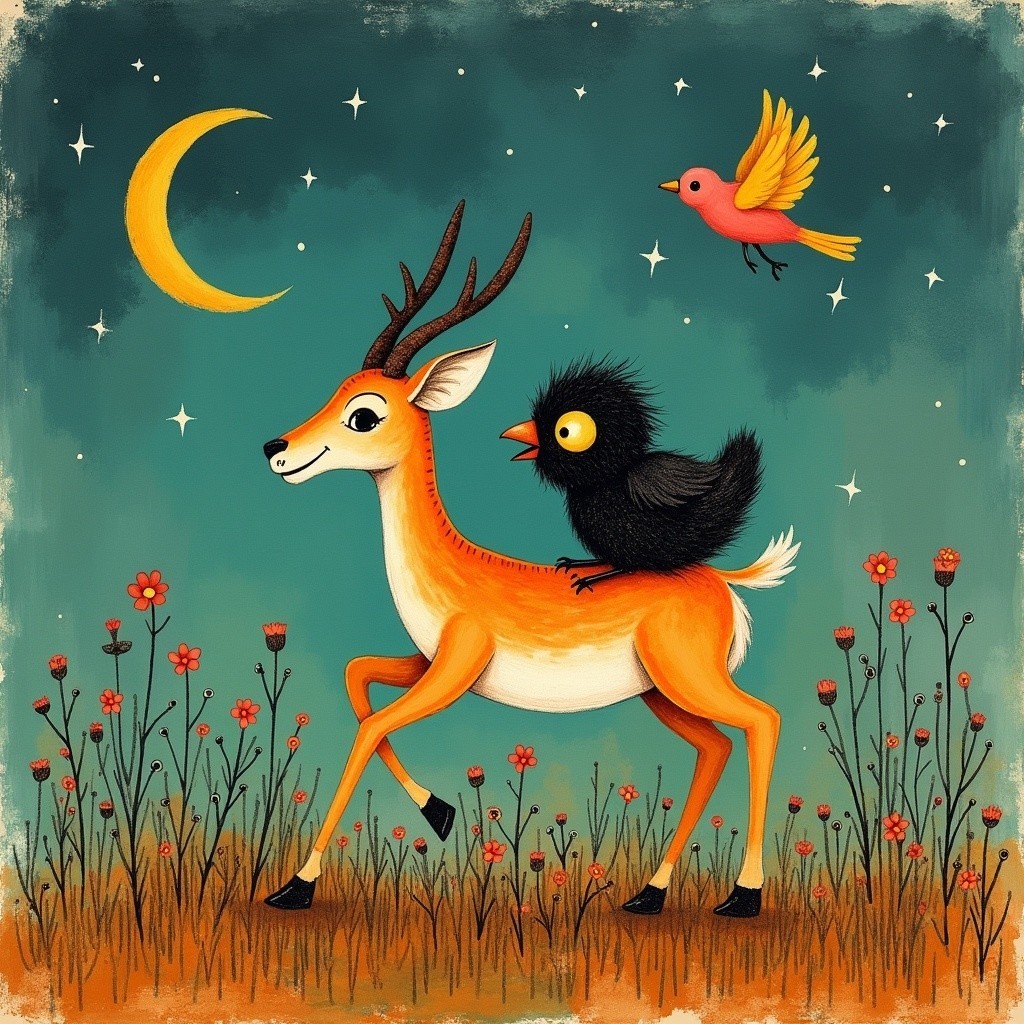 Whimsical Night Scene of Deer and Birds in Meadow