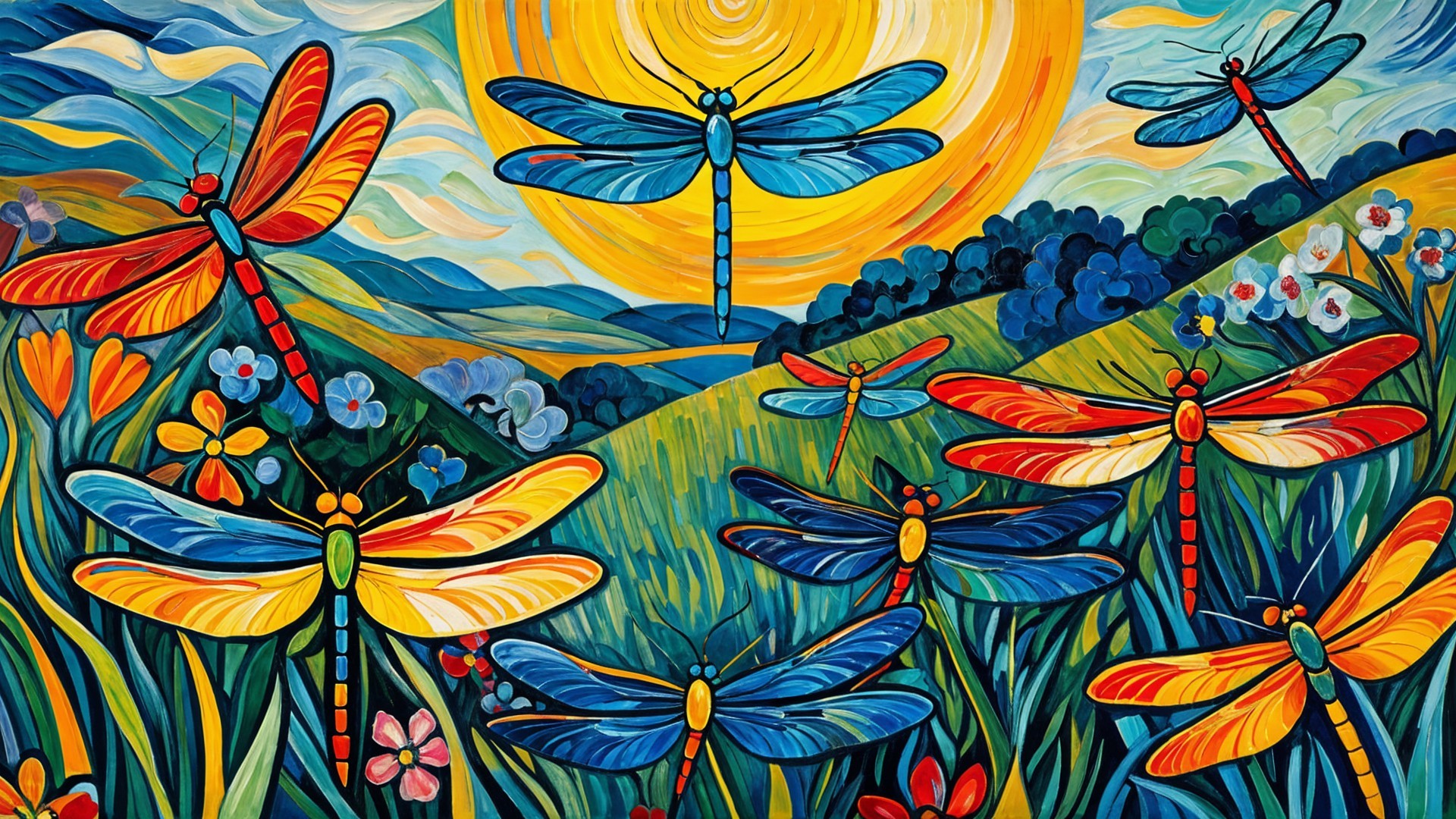 Vibrant Landscape with Colorful Dragonflies and Flowers
