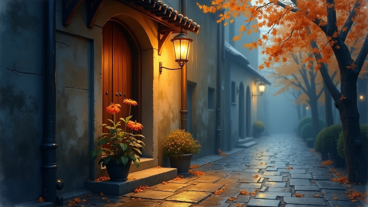 Foggy Street Scene with Wooden Door and Flowers