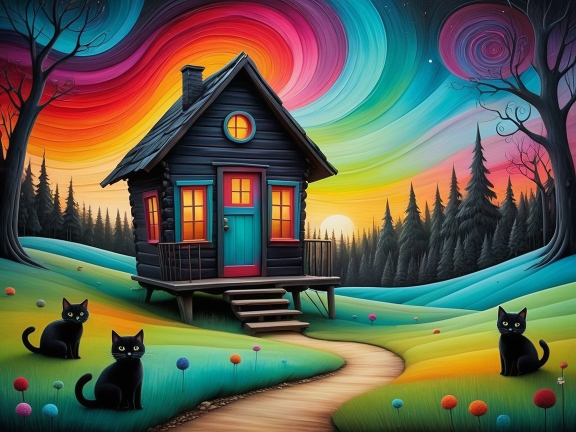 Charming Black House with Colorful Windows at Sunset