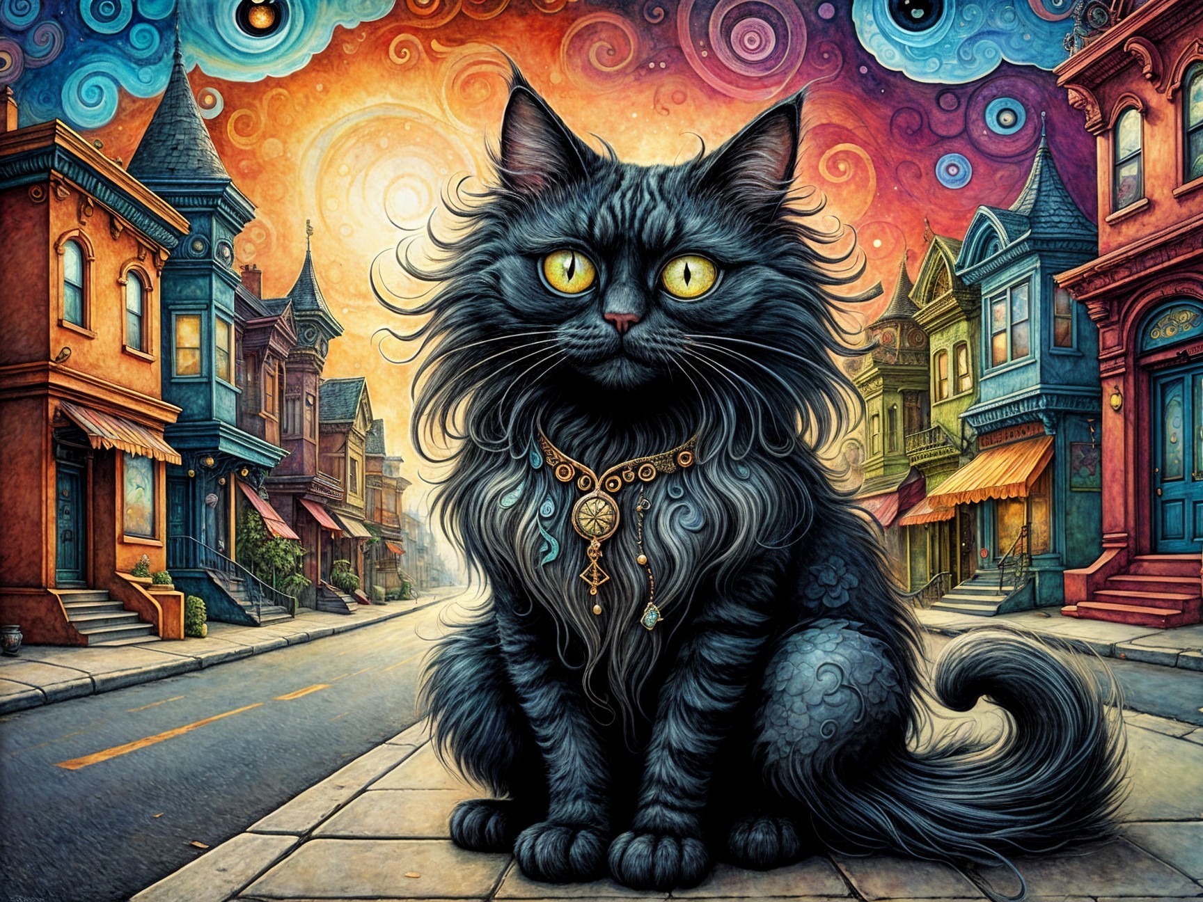 Majestic black cat on cobblestone street at sunset