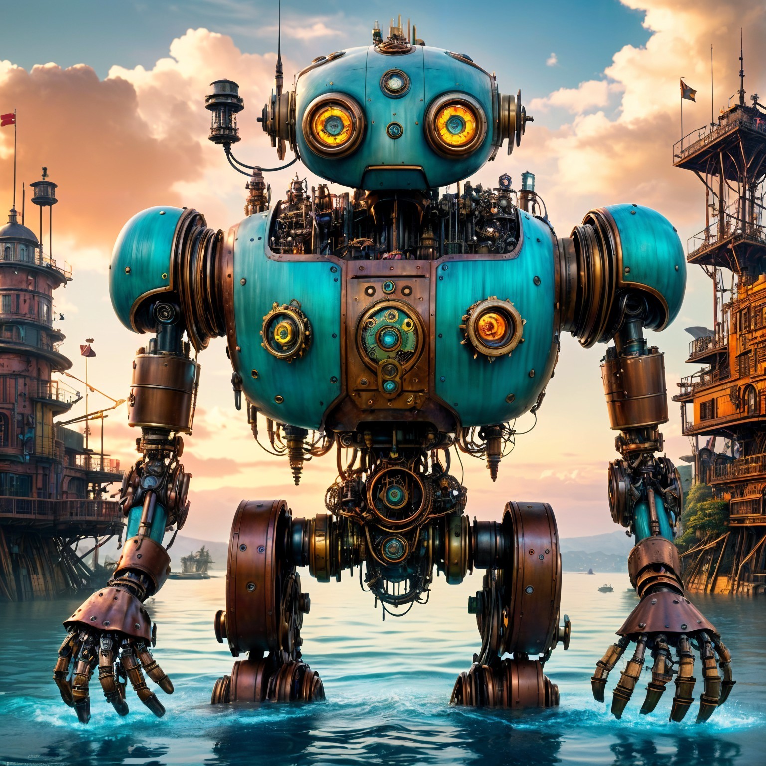 Steampunk Robot in Shallow Water at Sunset