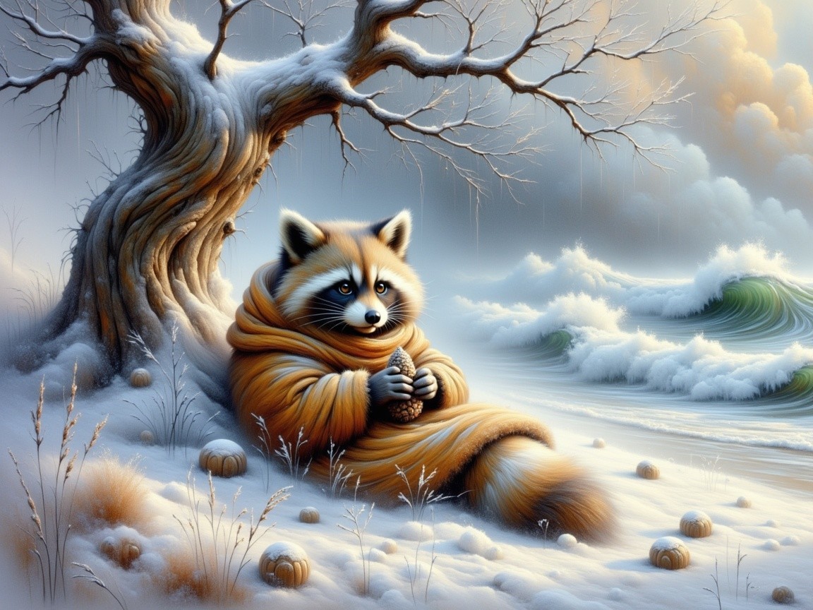 Raccoon in Blanket Enjoying Ice Cream in Snowy Scene