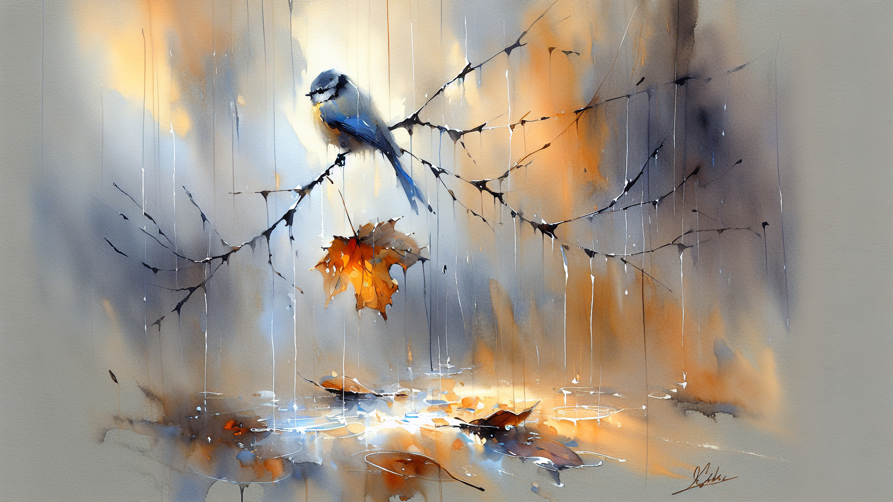 Bluebird on Bare Branch in Misty Autumn Setting