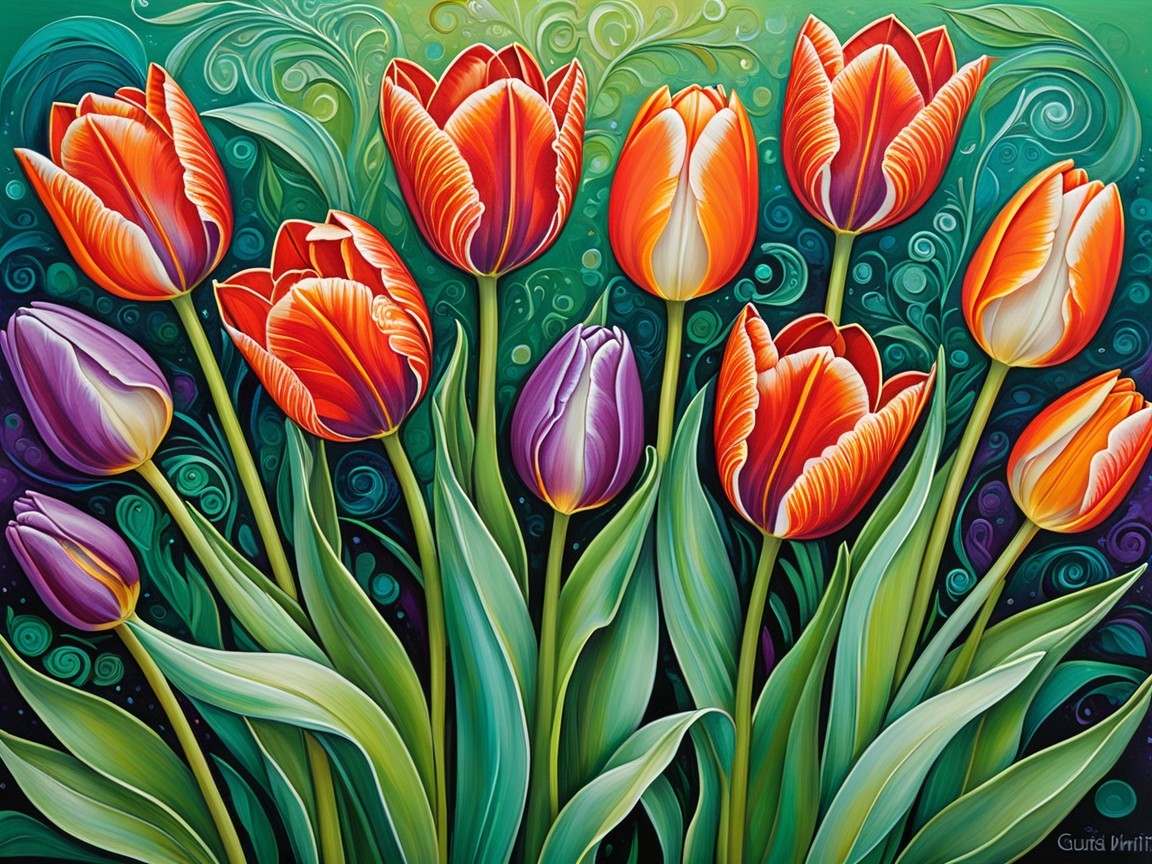 Vibrant Floral Scene with Colorful Tulips and Greenery