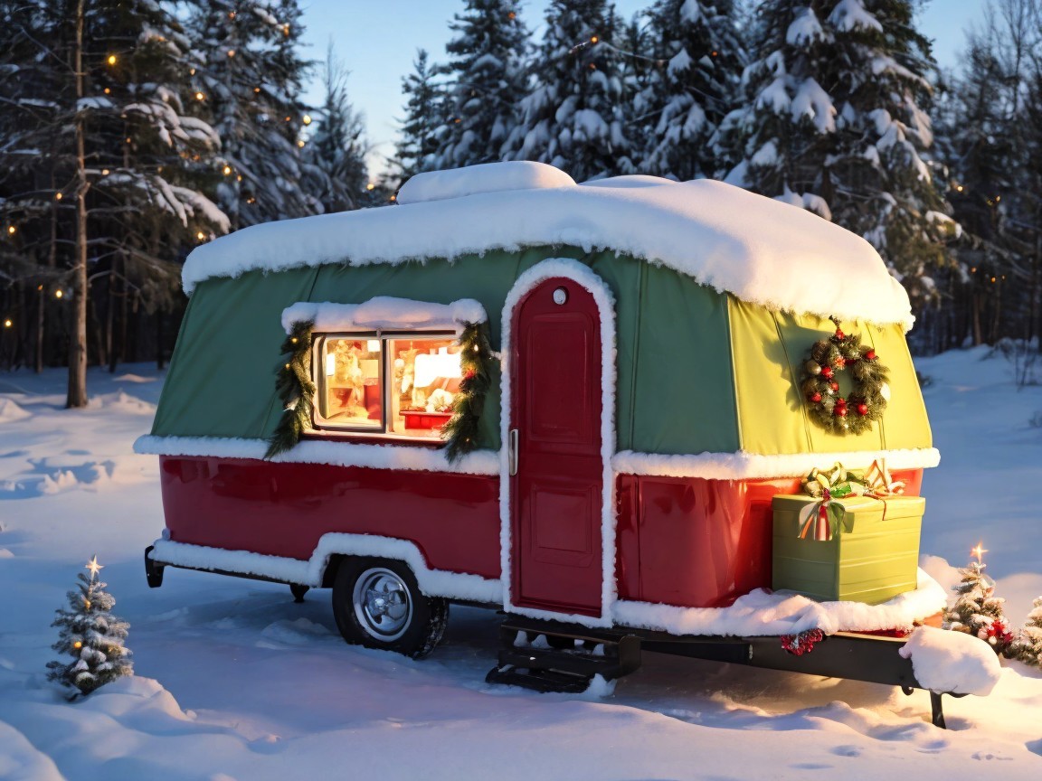 Snowy Christmas Scene with Vintage Camper Trailer