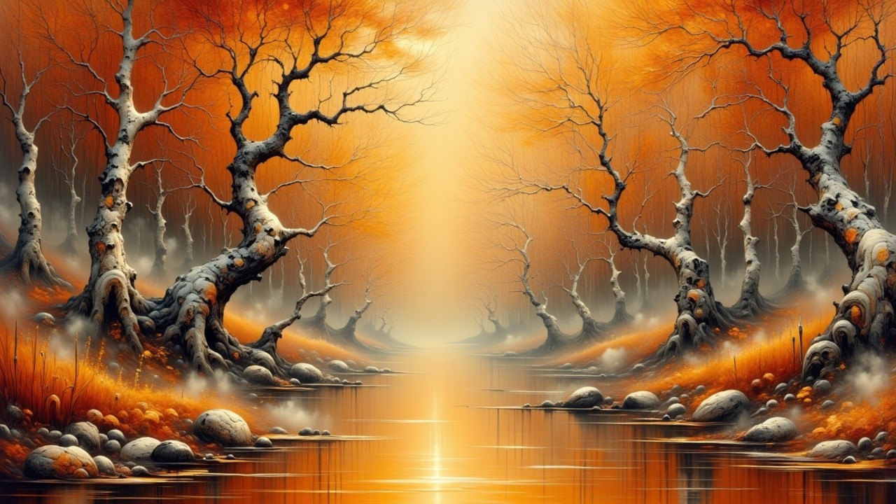 Serene Landscape with Gnarled Trees and Autumn Foliage