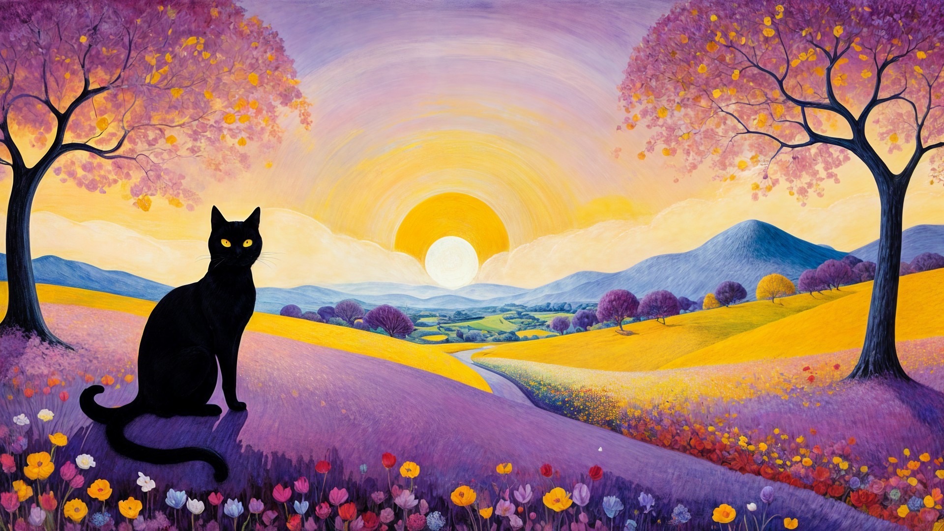 Serene Landscape with Black Cat and Vibrant Blossoms