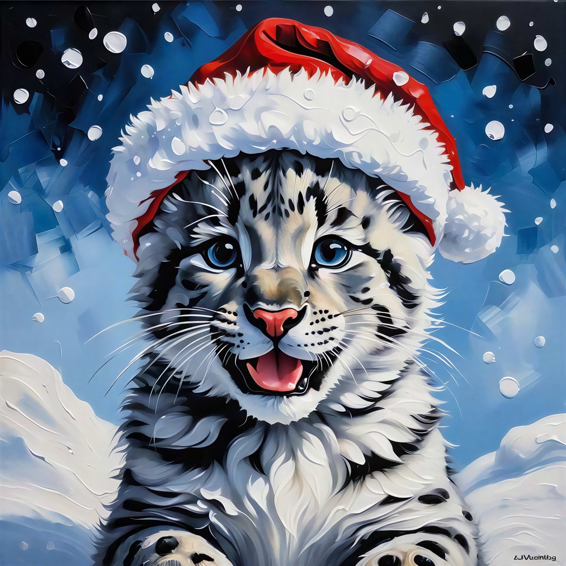 Baby Snow Leopard in Santa Hat Against Snowy Background