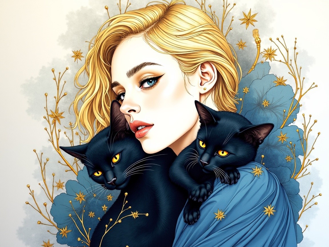 Blonde Woman with Cats Amidst Golden Floral Background