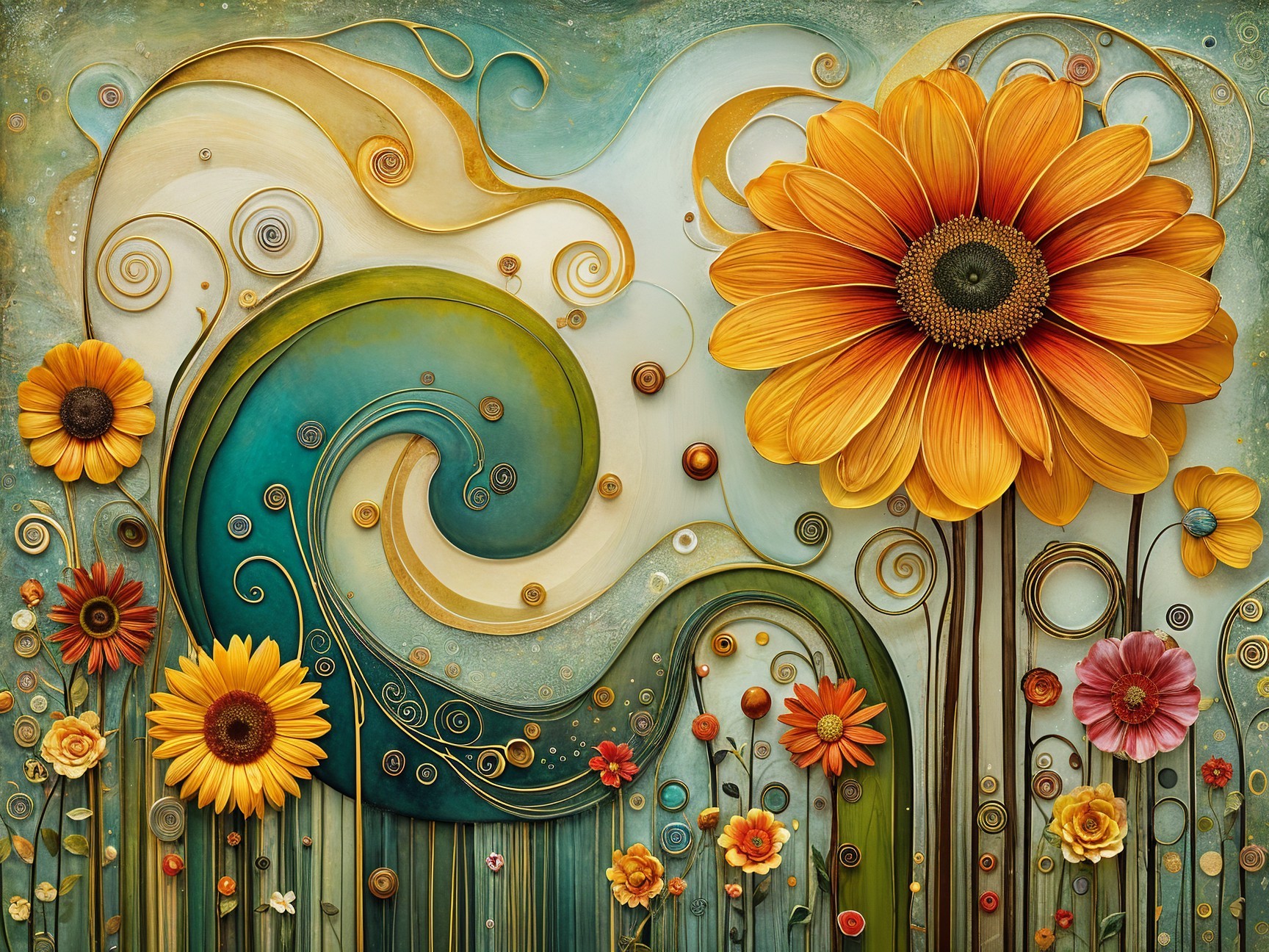 Whimsical Artwork with Oversized Sunflowers and Patterns