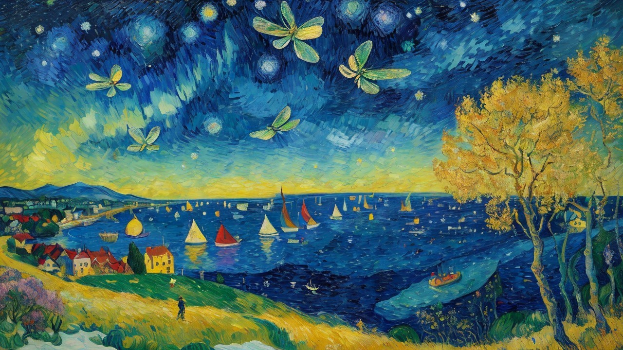 Vibrant Seascape with Night Sky and Sailboats