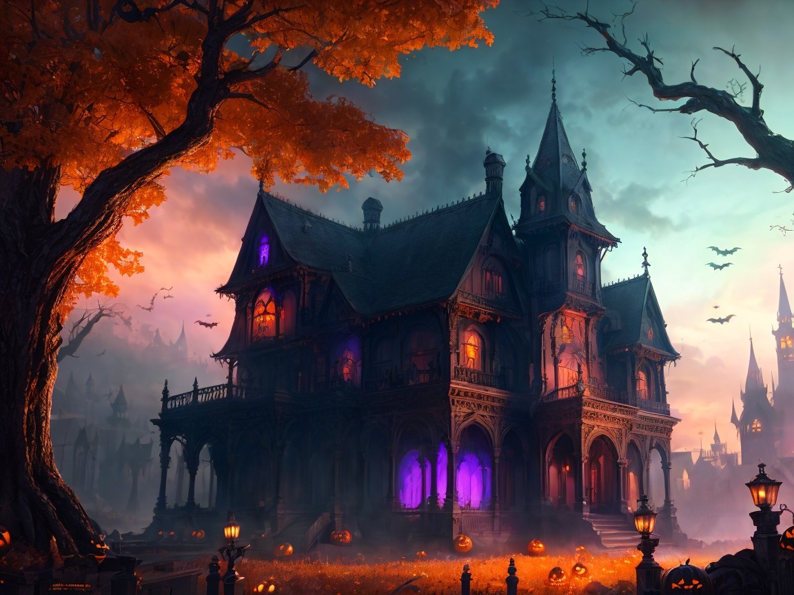 Victorian Mansion with Spooky Halloween Decor