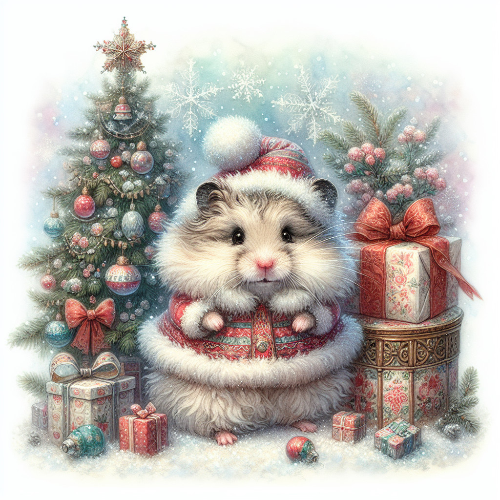 Fluffy Hamster in Christmas Scene with Tree and Gifts