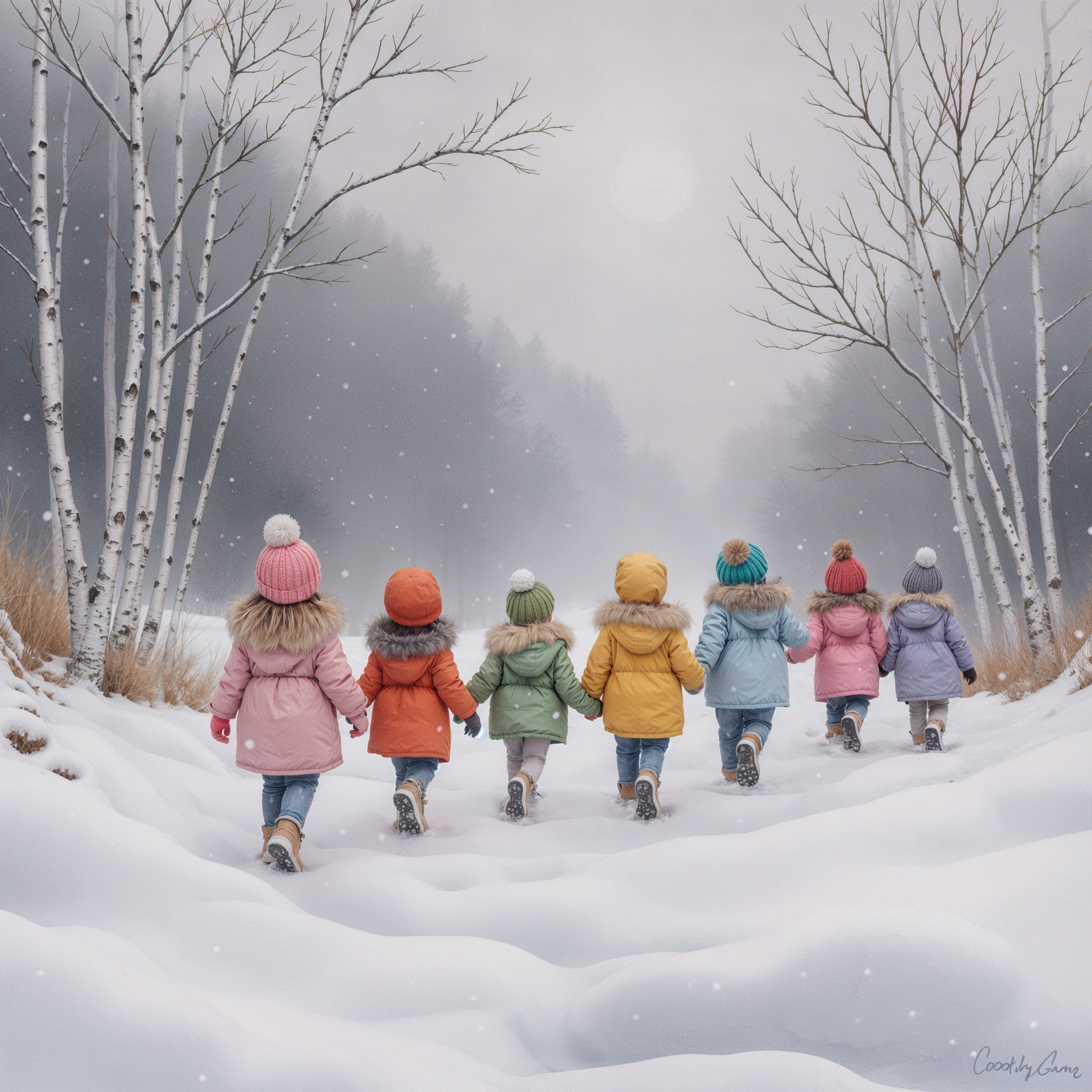 Children Walking in a Snowy Landscape with Trees