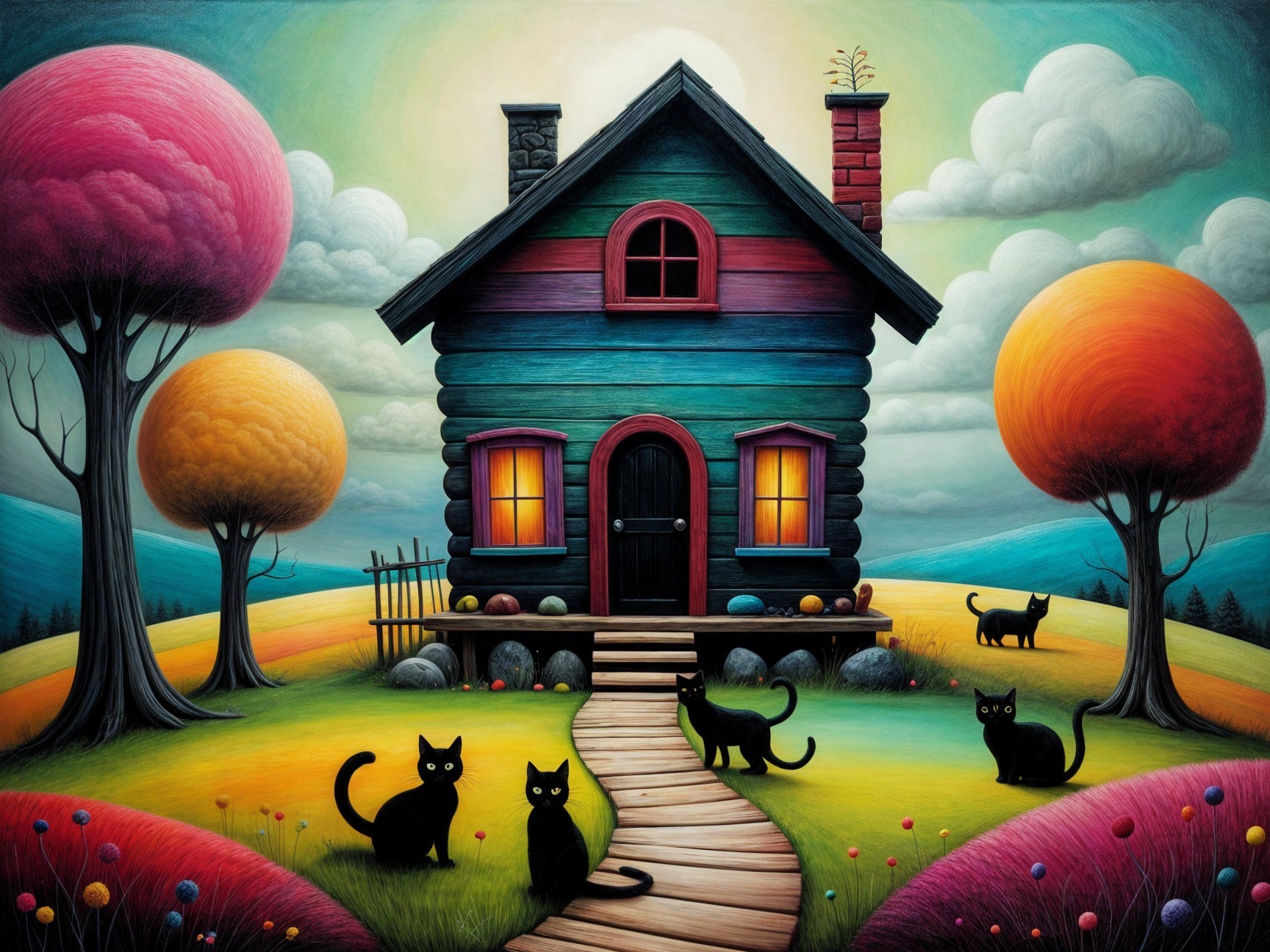 Whimsical Colorful House in Vibrant Landscape
