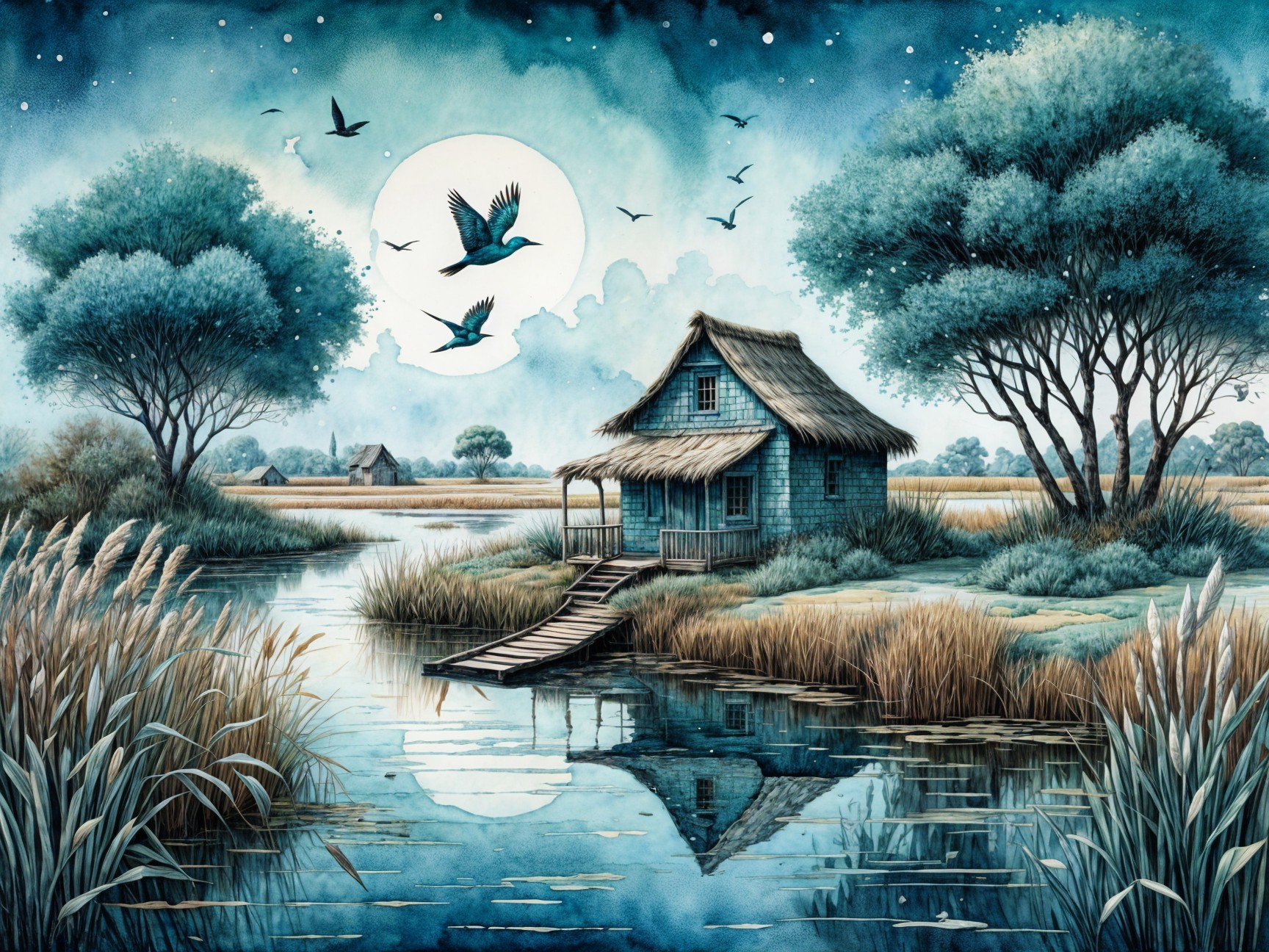 Serene landscape with wooden hut and tranquil water